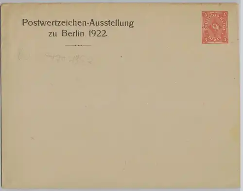 07436 DR Ganzsachen Umschlag PU Postwertzeichen-Ausstellung zu Berlin 1922 3Mark