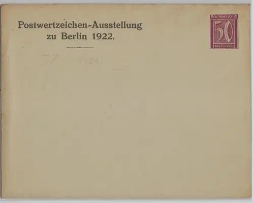 38728 DR Ganzsachen Umschlag PU Postwertzeichen-Ausstellung zu Berlin 1922 50Pf
