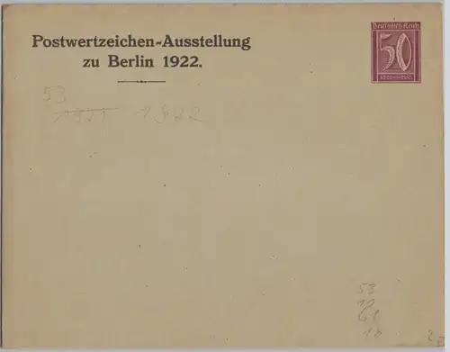69109 DR Ganzsachen Umschlag PU Postwertzeichen-Ausstellung zu Berlin 1922 50Pf