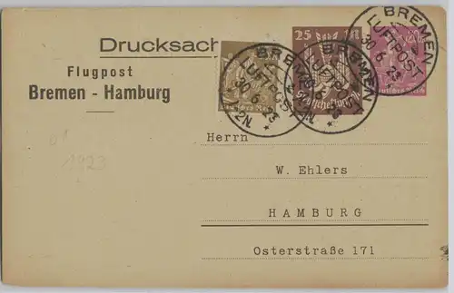901485 DR Ganzsachen Drucksache PP73/A2/09 Flugpost Bremen Hamburg 1923
