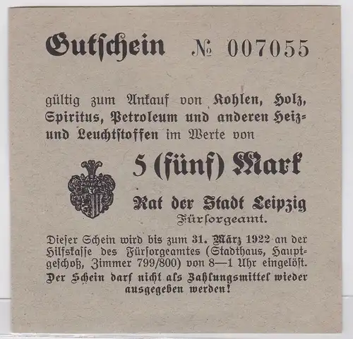 5 Mark Kohle Holz Gutschein Stadt Leipzig 31.März 1923 (120702)