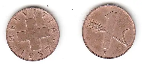 1 Rappen Kupfer Münze Schweiz 1957 B (115340)