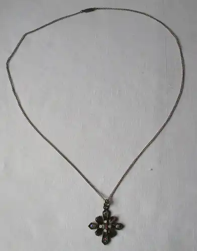 versilberte Damen Halskette mit Anhänger Kreuz mit vielen Steinen (161228)