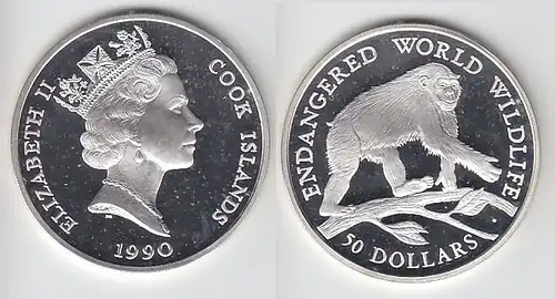 50 Dollar Silbermünze Cook Inseln 1990 bedrohte Tierwelt Schimpanse (116490)