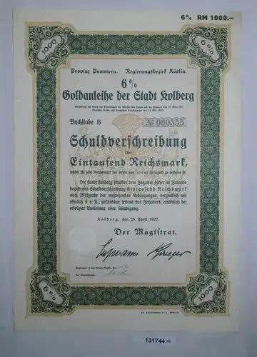 1000 Reichsmark  Schuldverschreibung der Stadt Kolberg 26.April 1927 (131744)