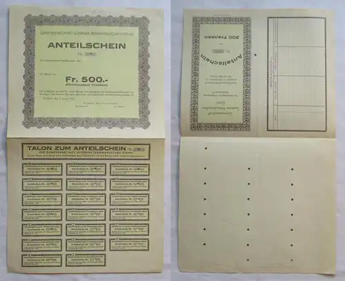 500 Franken Aktie Genossenschaft Luzerner Ferienhäuschen Giswil 1935 (143790)