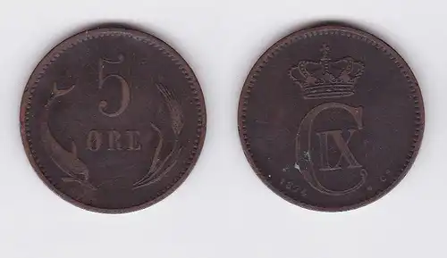 5 Öre Kupfer Münze Dänemark Delphin 1874 (117117)