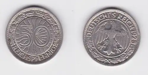 50 Pfennig Nickel Münze Weimarer Republik 1928 D ss+ (161648)