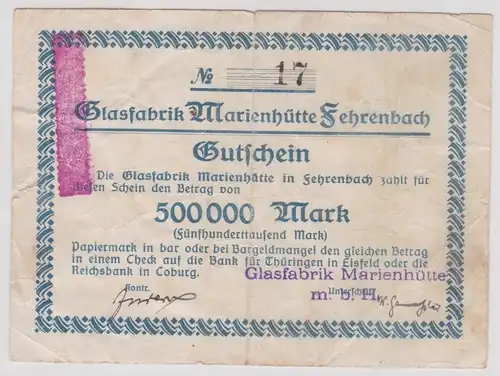 500000 Mark Banknote Glasfabrik Marienhütte Fehrenbach (o.D.) 1923 (161863)