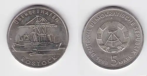 DDR Gedenk Münze 5 Mark Überseehafen Rostock 1988 Stempelglanz (142154)