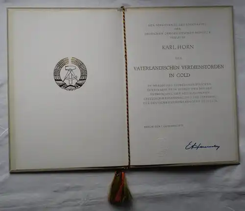 DDR Urkunde Vaterländischer Verdienstorden in Gold 1979 Bartel 3 e (128869)