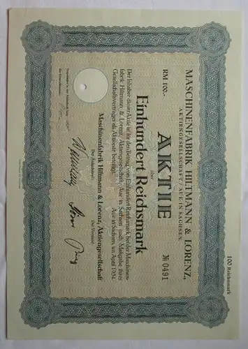 100 Reichsmark Aktie Maschinenfabrik Hiltmann & Lorenz AG Aue 1934 (142306)
