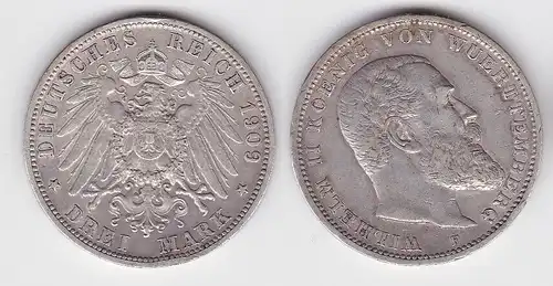 3 Mark Silbermünze Württemberg König Wilhelm II 1909 Jäger 175 (113957)