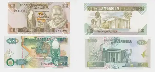 2 Banknoten Sambia Zambia 2 bis 20 Kwacha kassenfrisch UNC 1992 (138434)