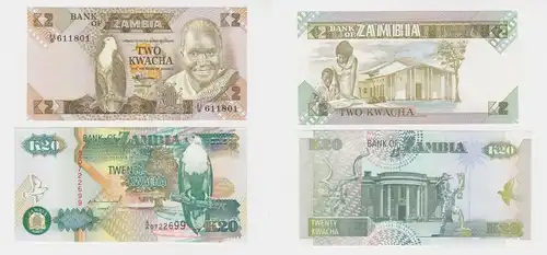 2 Banknoten Sambia Zambia 2 bis 20 Kwacha kassenfrisch UNC 1992 (162298)