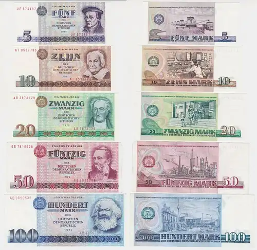 Banknoten 5 bis 100 Mark DDR 1971-75 fast kassenfrisch UNC (155345)