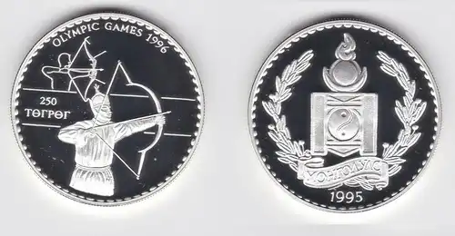 250 Tukhrik Silber Münze Mongolei Olympiade 1996 Atlanta Bogenschütze (155206)