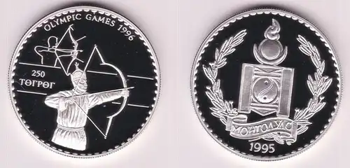 250 Tukhrik Silber Münze Mongolei Olympiade 1996 Atlanta Bogenschütze (155095)
