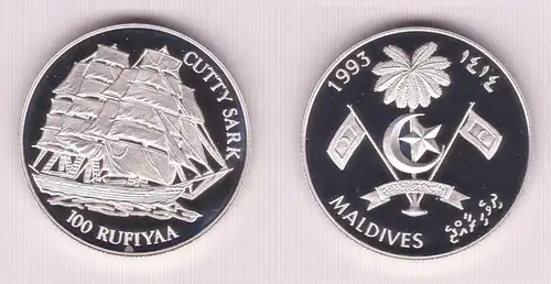 100 Rufiyaa Silbermünze Malediven 1993 Segelschiff Cutty Sark (155266)