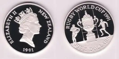 5 Dollar Silber Münze Neuseeland Rugby Weltmeisterschaft 1991 (154934)