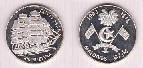 100 Rufiyaa Silbermünze Malediven 1993 Segelschiff Cutty Sark (154954)