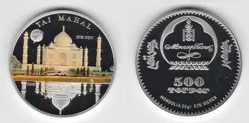 500 Tugrik Silber Farbmünze Mongolei 2008 Tai Mahal (155273)