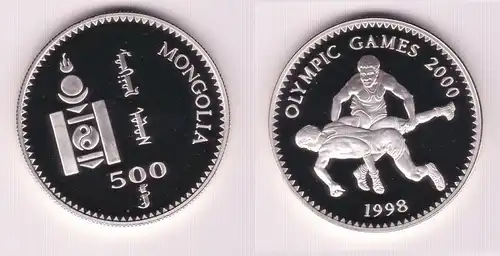 500 Tukhrik Silber Münze Mongolei 1998 Olympiade 2000 Sydney Ringen (155243)