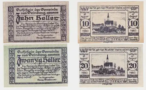 2 Banknoten 10 und 20 Heller Notgeld Gemeinde Geinberg (147117)