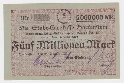 5 Millionen Mark Banknote Stadtgirokasse Hartenstein 28.8.1923  (119870)