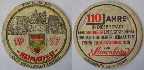 Bierdeckel DDR-Gebiet 110 Jahre Simonbräu Leisnig Heimatfest 1957 (162243)
