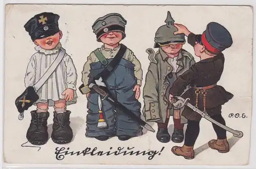 86985 Feldpost Karikatur AK Einkleidung - Mini Offizier kleidet kleine Soldaten