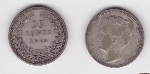 25 Cent Silber Münze Niederlande 1903 Wilhelmina f.ss (161304)