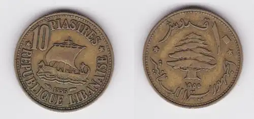 10 Piaster Messing Münze Libanon 1955 Segelschiff (161427)