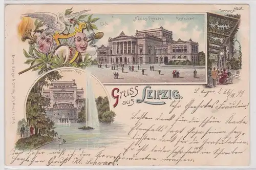 00538 Lithographie Ak Gruss aus Leipzig - Neues Theater, Cafe, Restaurant usw.