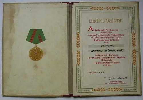DDR Urkunde Medaille für Treue Dienste in den bewaffneten Organen MdI (105241)