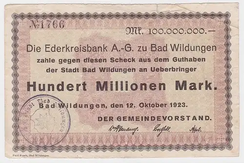 100 Millionen Mark Banknote Inflation Ederkreisbank Bad Wildungen 1923 (113304)