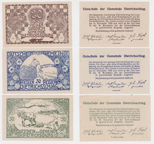 3 Banknoten 20 bis 50 Heller Notgeld Gemeinde Dietrichsschlag (151977)