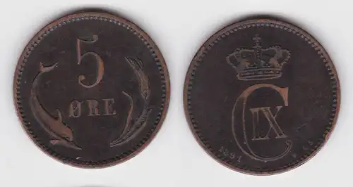 5 Öre Kupfer Münze Dänemark Delphin 1891 ss (142984)