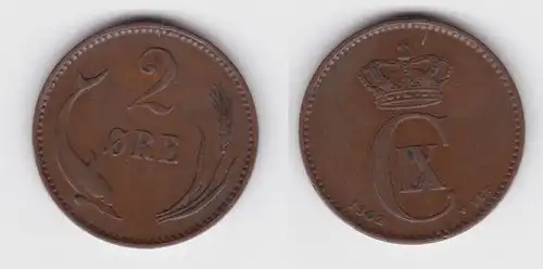 2 Öre Kupfer Münze Dänemark 1902 Delphin ss+ (142896)