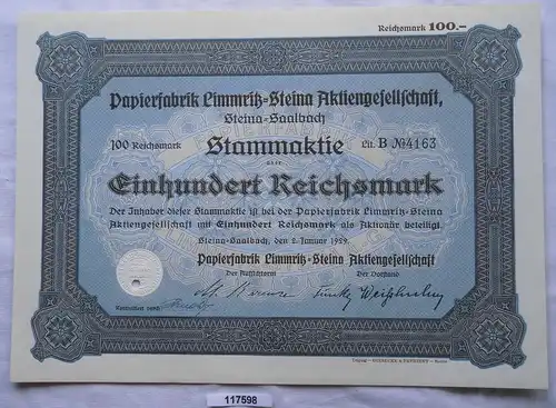 Aktie 100 Mark Papierfabrik Limmritz Steina 2.Januar 1929 (117598)