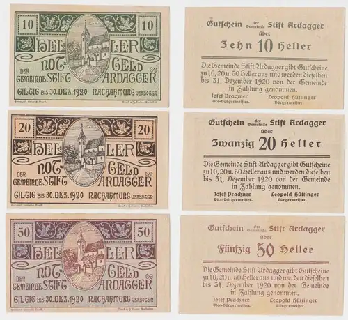 10, 20 und 50 Heller Banknoten Notgeld Gemeinde Stift Ardagger 1920 (154713)