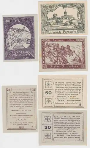 20, 30 und 50 Heller Banknoten Notgeld Pürnstein 16.05.1920 (154540)