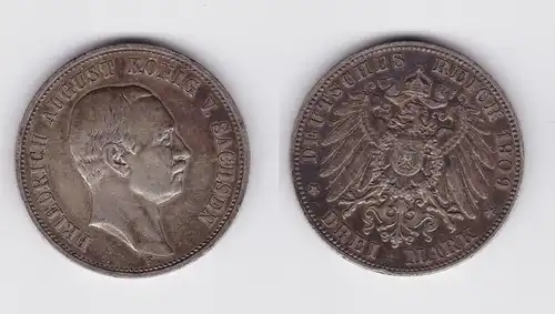 3 Mark Silbermünze Sachsen König Friedrich August 1909 Jäger 135 (119460)