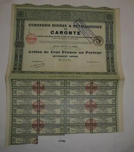 100 Francs Aktie Compagnie Minière & Métallurgique de Caronte Paris 1921 /127990