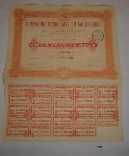 100 Francs Aktie Compagnie Congolaise du Caoutchouc Paris 1928 (127984)