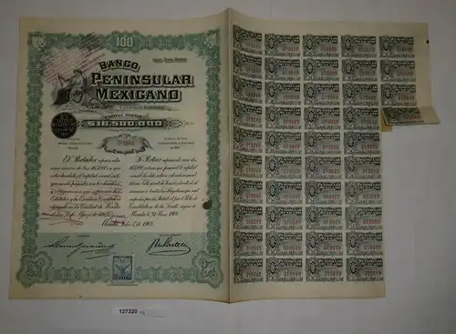 100 Peso Aktie Banco Peninsular Mexicano Mérida 1. Juli 1908 (127320)