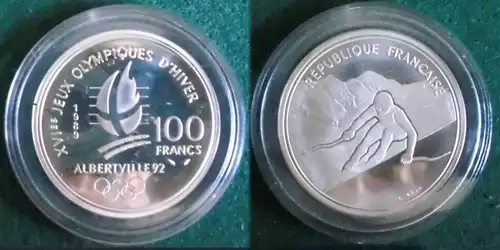 100 Franc Silber Münze Frankreich Olympia 1992 Albertville Abfahrt (125749)
