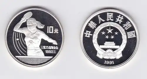 10 Yuan Silber Münze China Olympia Barcelona 1992, Tischtennisspielerin (119689)