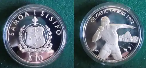 10 Dollar Silber Münze Samoa Olympiade 1992 Barcelona Kugelstoßen (125792)