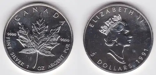 5 Dollar Silber Münze Canada Kanada Maple Leaf 1991 (122536)